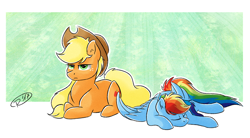 Size: 2800x1548 | Tagged: safe, artist:ruushiicz, derpibooru import, applejack, rainbow dash, earth pony, pegasus, pony, appledash, butt touch, cowboy hat, feathermarking, female, freckles, hat, lesbian, never doubt tchernobog's involvement, prone, resting, seriously, shipping, sleeping, stetson, unamused