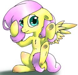 Size: 470x450 | Tagged: safe, artist:kiruki1999, fluttershy, pegasus, pony, female, floppy ears, looking at you, mare, simple background, sitting, solo, spread wings, strategically covered, tail censor, three quarter view, white background, wings