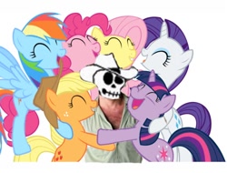 Size: 600x456 | Tagged: safe, derpibooru import, applejack, fluttershy, pinkie pie, rainbow dash, rarity, twilight sparkle, earth pony, pegasus, pony, unicorn, group hug, hug, mane six, the man they call ghost, true capitalist radio