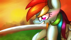 Size: 1024x576 | Tagged: safe, artist:clayman778, derpibooru import, rainbow dash, pegasus, pony, katana, solo, sword, weapon