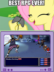 Size: 563x752 | Tagged: safe, fluttershy, human, pegasus, pony, charles barkley, controller, exploitable meme, eyes closed, female, gamershy, happy, hoof hold, mare, meme, open mouth, pink mane, screen, smiling, streets of rage 2, television, tv meme, x-kaliber 2097, yellow coat