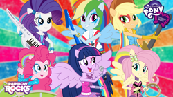 Size: 2560x1440 | Tagged: safe, artist:8ballgta3, derpibooru import, applejack, fluttershy, pinkie pie, rainbow dash, rarity, twilight sparkle, equestria girls, rainbow rocks, bass guitar, clothes, drum kit, drums, drumsticks, electric guitar, face paint, guitar, keytar, musical instrument, my little pony logo, ponied up, tambourine, wallpaper