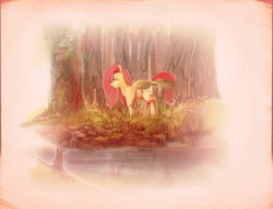 Size: 1462x1122 | Tagged: safe, artist:xatiav, fluttershy, pegasus, pony, female, forest, looking away, mare, outdoors, river, solo, spread wings, wings