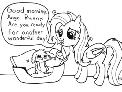 Size: 679x513 | Tagged: safe, artist:samueleallen, angel bunny, fluttershy, pegasus, pony, bed mane, female, mare