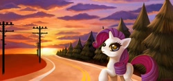 Size: 1754x822 | Tagged: safe, artist:poppeto, rarity, pony, unicorn, female, mare, purple mane, road, solo, white coat