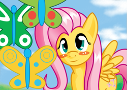 Size: 519x366 | Tagged: safe, artist:the-unicorn-lord, fluttershy, butterfly, pegasus, pony, blush sticker, blushing, female, mare, smiling, solo, spread wings, three quarter view, wings