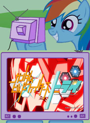 Size: 563x771 | Tagged: safe, rainbow dash, pegasus, pony, build burning gundam, exploitable, exploitable meme, gundam, gundam build fighters, gundam build fighters try, gunpla, meme, obligatory pony, tv meme