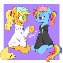 Size: 768x768 | Tagged: safe, artist:kagitsuki, derpibooru import, applejack, rainbow dash, earth pony, pegasus, pony, clothes, hat, sitting