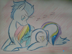 Size: 1024x768 | Tagged: safe, artist:crisketch, rainbow dash, soarin', pegasus, pony, female, male, old cutie mark, shipping, sleeping, soarindash, straight, traditional art