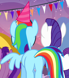 Size: 604x678 | Tagged: safe, derpibooru import, screencap, rainbow dash, rarity, pegasus, pony, unicorn, pinkie pride, cropped, female, hat, mare, party hat, plot