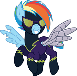 Size: 5626x5607 | Tagged: safe, artist:osipush, derpibooru import, rainbow dash, pegasus, pony, absurd resolution, alternate timeline, alternate universe, amputee, apocalypse dash, augmented, clothes, costume, crystal war timeline, evil, evil grin, goggles, grin, prosthetic limb, prosthetic wing, prosthetics, shadowbolt dash, shadowbolts costume, simple background, smiling, solo, transparent background