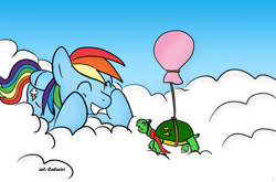 Size: 1000x660 | Tagged: safe, artist:caluriri, rainbow dash, speedy, pegasus, pony, tortoise, turtle, balloon, cloud, goggles, hilarious in hindsight