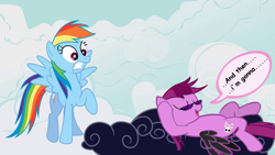 Size: 850x478 | Tagged: safe, rainbow dash, oc, oc:soulless pinkamena, pegasus, pony, blue coat, female, mare, multicolored mane