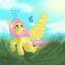 Size: 1024x1024 | Tagged: safe, artist:dasdreadnought, fluttershy, butterfly, pegasus, pony, female, flying, grass field, head turn, looking at something, looking up, mare, smiling, solo, spread wings, stray strand, three quarter view, windswept mane, wings