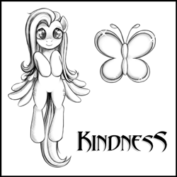 Size: 700x700 | Tagged: safe, artist:rainbow, fluttershy, butterfly, pegasus, pony, bipedal, cute, cutie mark, female, full face view, hooves to the chest, looking at you, mare, monochrome, shyabetes, simple background, smiling, solo, white background, wings