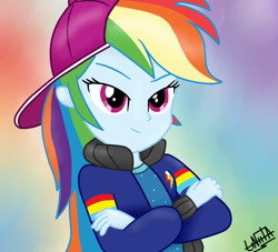 Size: 778x706 | Tagged: safe, artist:liniitadash23, derpibooru import, rainbow dash, equestria girls, backwards ballcap, baseball cap, cap, clothes, crossed arms, female, hat, rapper, rapper dash, solo, that was fast