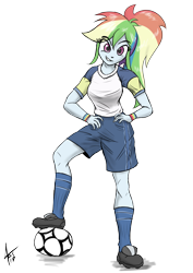 Size: 2894x4093 | Tagged: safe, artist:cynos-zilla, derpibooru import, rainbow dash, equestria girls, absurd resolution, clothes, football, grin, hand on hip, jersey, looking at you, ponytail, shorts, simple background, smiling, socks, solo, transparent background