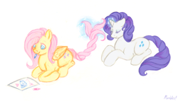 Size: 988x565 | Tagged: safe, artist:mumbles, fluttershy, rarity, pegasus, pony, unicorn, braid, crayons, cute, female, flarity, lesbian, raribetes, shipping, shyabetes