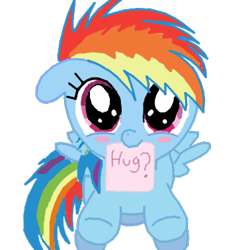 Size: 378x378 | Tagged: safe, artist:theflofic, rainbow dash, pegasus, pony, blushing, bronybait, cute, dashabetes, filly, filly rainbow dash, floppy ears, hug, hug request, looking at you, mouth hold, note, simple background, smiling, solo, transparent background