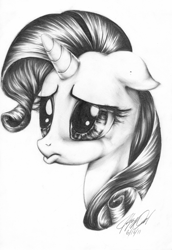 Size: 2189x3173 | Tagged: safe, artist:carlotta-guidicelli, rarity, pony, unicorn, bust, floppy ears, frown, grayscale, high res, monochrome, pencil drawing, portrait, pouting, sad, solo, traditional art