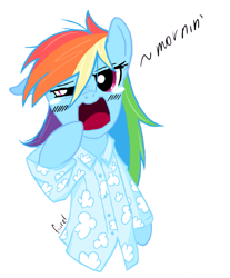 Size: 631x762 | Tagged: dead source, safe, artist:fiarel, rainbow dash, pegasus, pony, semi-anthro, bipedal, clothes, crying, cute, female, floppy ears, looking at you, mare, messy mane, morning ponies, open mouth, pajamas, shirt, signature, simple background, sleepy, solo, text, white background, wingless, yawn