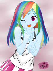 Size: 771x1036 | Tagged: safe, artist:liniitadash23, derpibooru import, rainbow dash, equestria girls, anime, clothes, cute, female, moe, one eye closed, open mouth, peace sign, pleated skirt, skirt, solo, tanktop, trace, wink