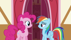 Size: 1920x1090 | Tagged: safe, derpibooru import, screencap, pinkie pie, rainbow dash, earth pony, pegasus, pony, griffon the brush off, duo, lidded eyes, looking at each other