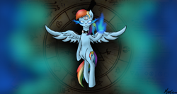 Size: 1024x546 | Tagged: safe, artist:mimicproductions, derpibooru import, rainbow dash, pegasus, pony, bill cipher, crossover, disney, female, fire, glowing eyes, gravity falls, looking at you, mare