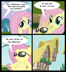 Size: 500x545 | Tagged: safe, artist:ponyflea, fluttershy, pegasus, pony, comic, csi, csi miami, female, mare, meme, pun, sunglasses, tuna, yay