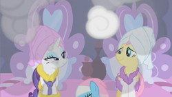 Size: 853x480 | Tagged: safe, fluttershy, rarity, pegasus, pony, unicorn, bathrobe, clothes, robe, spa