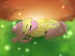 Size: 800x600 | Tagged: safe, artist:ruby-sunrise, fluttershy, firefly (insect), pegasus, pony, eyes closed, female, floppy ears, folded wings, grass, mare, outdoors, sleeping, solo, wings