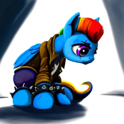 Size: 881x881 | Tagged: safe, artist:ponsce, derpibooru import, rainbow dash, pegasus, pony, fanfic:broken toy, clothes, eye scar, rainbow punk, scar, sitting, solo, spiked wristband, wristband