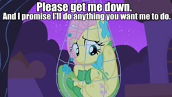 Size: 600x338 | Tagged: safe, edit, edited screencap, screencap, fluttershy, pegasus, pony, the best night ever, bondage, clothes, dress, gala dress, image macro, net, scratches, solo