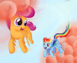 Size: 1600x1315 | Tagged: safe, artist:artoftheghostie, rainbow dash, scootaloo, pegasus, pony, flying, scootaloo can fly, scootalove