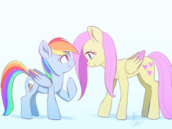 Size: 1233x925 | Tagged: safe, artist:raikoh, derpibooru import, fluttershy, rainbow dash, pegasus, pony, duo, female, height difference, looking at each other, mare, raised hoof, simple background, smiling