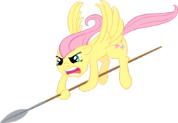 Size: 1280x888 | Tagged: safe, artist:moongazeponies, fluttershy, pegasus, pony, angry, flying, glare, open mouth, simple background, spear, spread wings, transparent background, vector