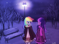 Size: 960x720 | Tagged: safe, artist:lumineko, rainbow dash, twilight sparkle, equestria girls, bench, clothes, coat, colored skin, female, holding hands, humanized, lesbian, miniskirt, night, scarf, shipping, skirt, snow, streetlight, twidash, winter