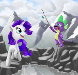 Size: 1510x1470 | Tagged: safe, artist:olafski, rarity, spike, dragon, pony, unicorn, female, horn, male, mare, moustache