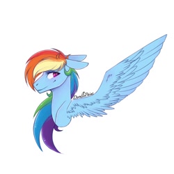 Size: 768x768 | Tagged: safe, artist:doodlepaintdraws, derpibooru import, rainbow dash, pegasus, pony, bust, one wing out, portrait, simple background, solo, white background