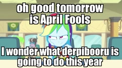 Size: 1023x573 | Tagged: safe, derpibooru import, edit, edited screencap, screencap, cherry crash, rainbow dash, equestria girls, pinkie on the one, rainbow rocks, annoyed, april fools, background human, derpibooru, image macro, meme, meta