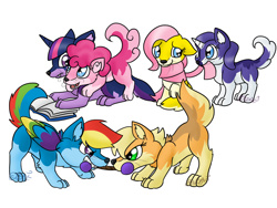 Size: 1024x768 | Tagged: safe, artist:usagi-zakura, derpibooru import, applejack, fluttershy, pinkie pie, rainbow dash, rarity, twilight sparkle, wolf, flutterwolf, my little wolf, pinkie wolf, species swap, twiwolf, wolf dash, wolfified, wolfity, wolfjack