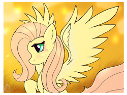 Size: 1200x900 | Tagged: safe, artist:joakaha, fluttershy, pegasus, pony, bust, female, looking away, mare, no mouth, profile, raised hoof, solo, spread wings, wings