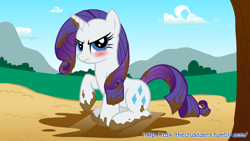 Size: 1280x720 | Tagged: safe, rarity, pony, unicorn, blushing, dirty, female, mare, mud, puddle, solo