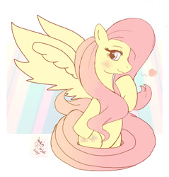 Size: 1050x1100 | Tagged: safe, artist:joakaha, fluttershy, pegasus, pony, blushing, female, heart, looking sideways, mare, profile, solo, spread wings, wings