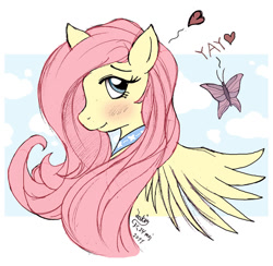 Size: 820x800 | Tagged: safe, artist:joakaha, fluttershy, butterfly, pegasus, pony, blushing, bust, female, heart, looking sideways, mare, portrait, profile, simple background, smiling, solo, white background, wings, yay
