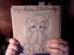 Size: 640x480 | Tagged: safe, artist:docwario, fluttershy, pegasus, pony, covering mouth, crying, female, mare, sad, sitting, solo, speech bubble, teary eyes, traditional art