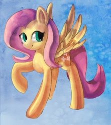 Size: 740x839 | Tagged: safe, artist:mewball, fluttershy, pegasus, pony, female, looking sideways, mare, raised hoof, smiling, solo, spread wings, standing, three quarter view, wings
