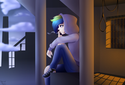 Size: 2500x1700 | Tagged: safe, artist:spirit-dude, derpibooru import, rainbow dash, human, cigarette, clothes, hoodie, humanized, message, multicolored hair, pants, rope, shoes, sitting, smoking, sweater, symbolism