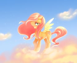 Size: 874x720 | Tagged: safe, artist:yanea, fluttershy, pegasus, pony, cloud, cloudy, looking at you, solo, sparkles