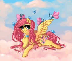 Size: 800x688 | Tagged: safe, artist:malliya, fluttershy, butterfly, insect, pegasus, pony, animal, cloud, cloudy, eyelashes, solo